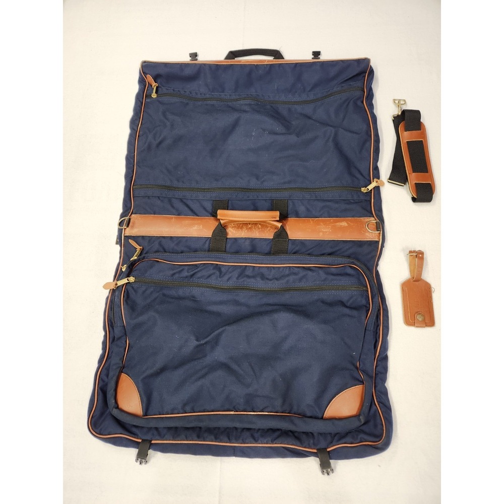 Vtg LL Bean Garment Bag Navy Blue w/ Tan Leather Trim Travel Luggage Carry On